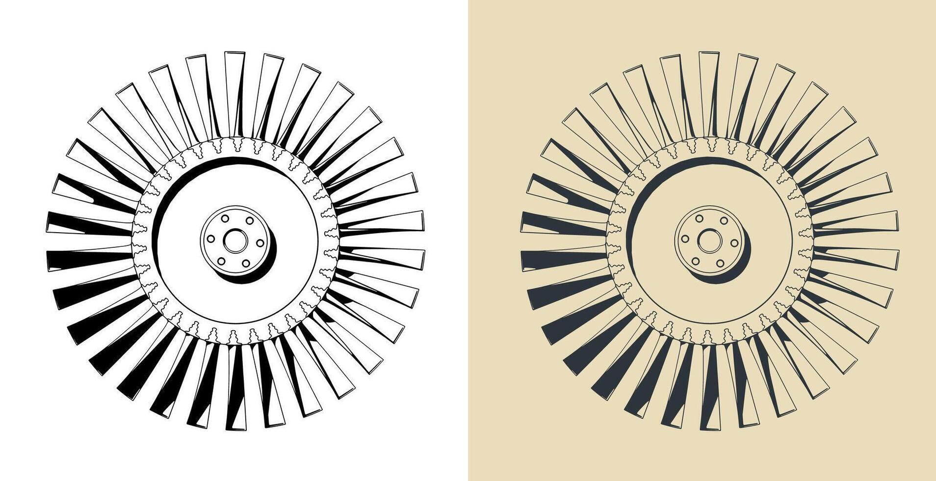 Compressor blisk and turbine blades illustrations vector