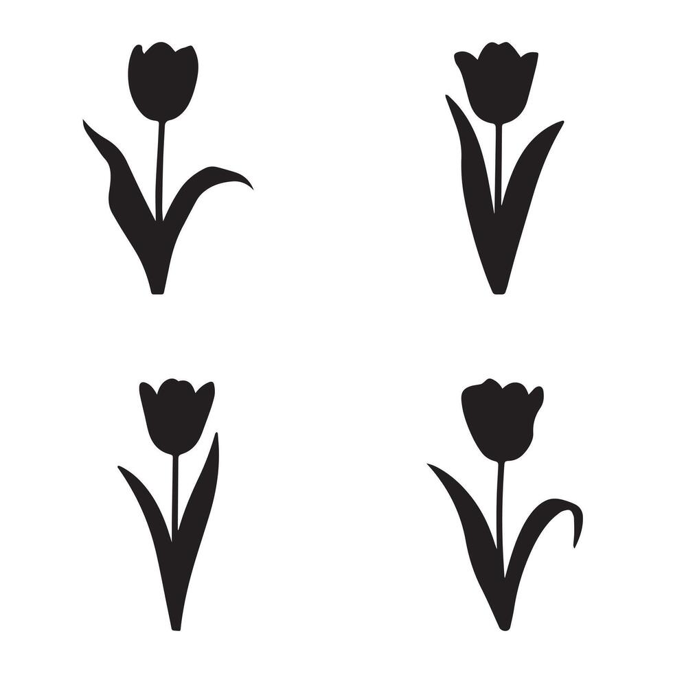 A set of four simple, black silhouette tulips against a white background. vector