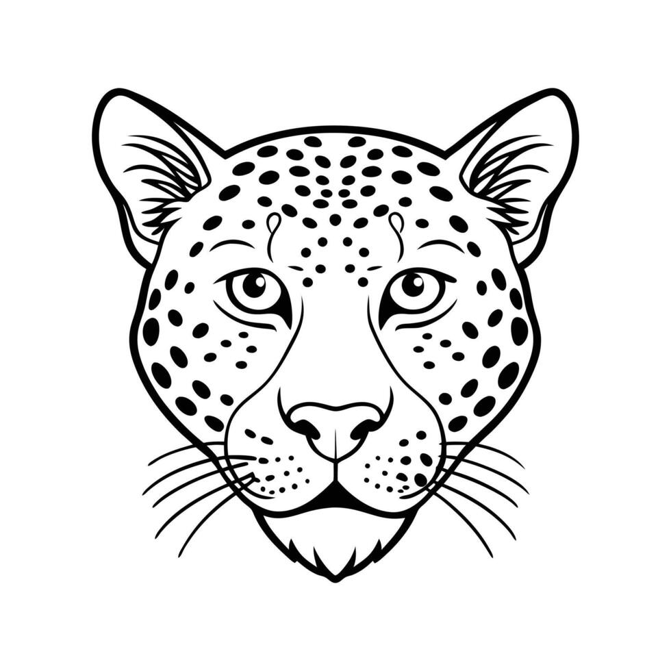 Close-up line drawing of a leopard's head, showcasing intricate details of the spots and facial features. vector