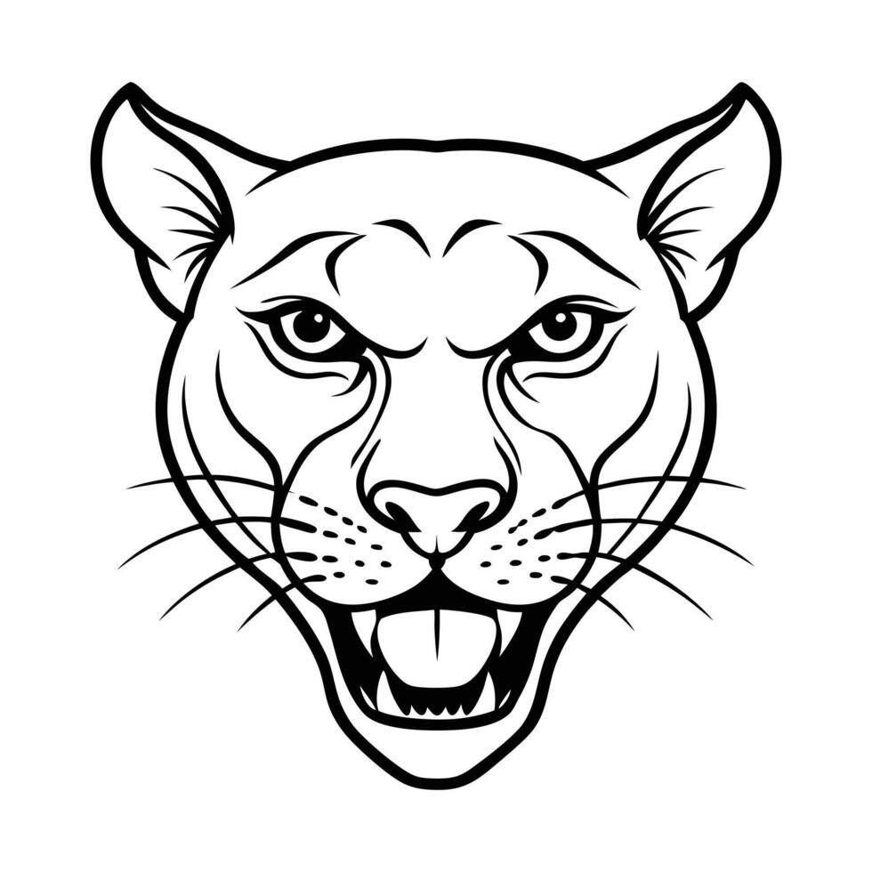 A bold, black and white illustration of a cougar's head, showcasing a fierce expression. vector
