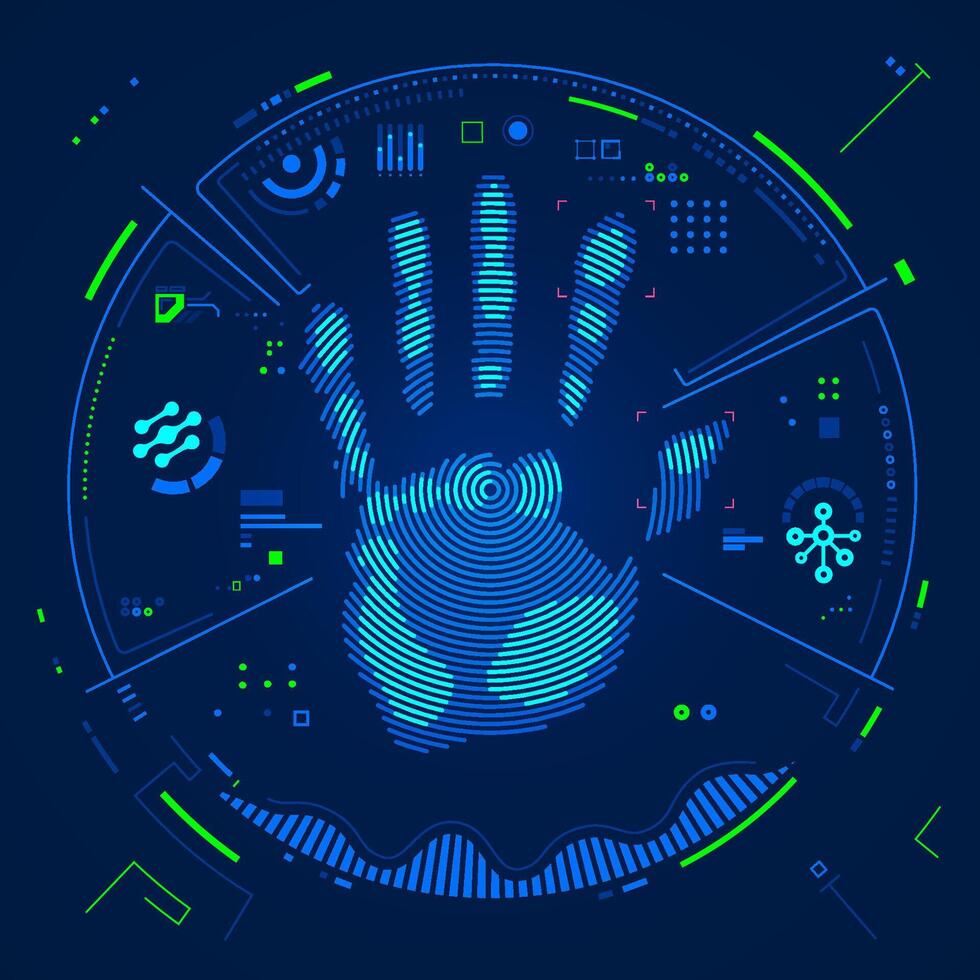 concept of biometrics or digital forensics, graphic of circle handprint with futuristic technology interface vector