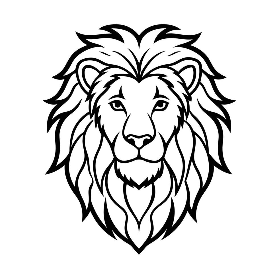 A striking, black and white line art illustration of a lion's head. vector
