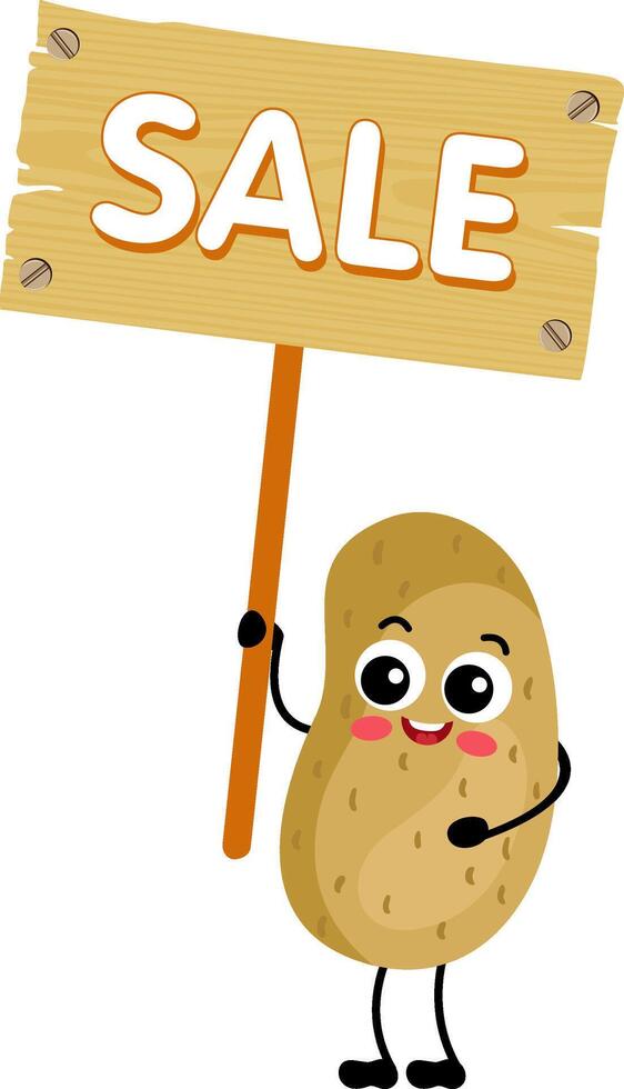 Funny potato holding a wooden signboard with the inscription sale vector