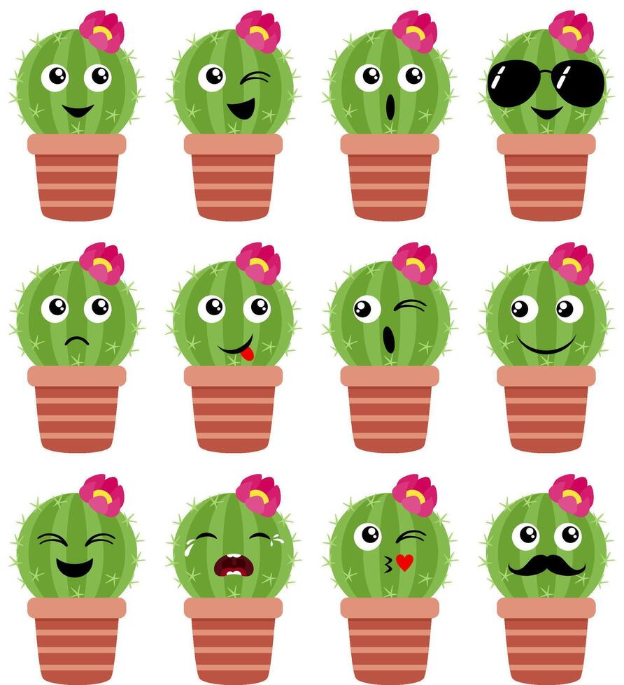 Set of a cactus in potted with different expressions vector