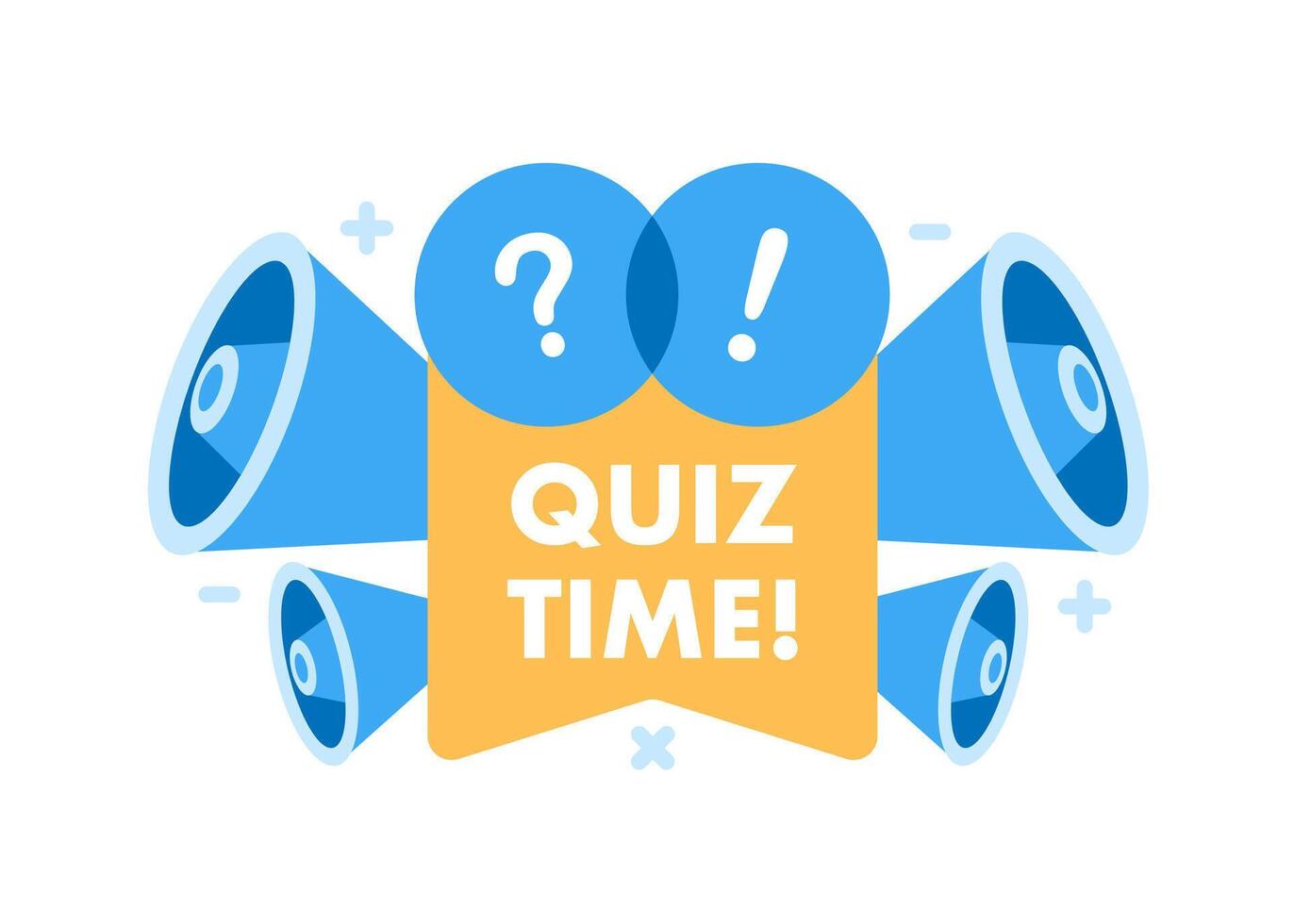 Quiz time megaphones question exclamation flat. Expressive emblem geometric element. Blue and orange. vector