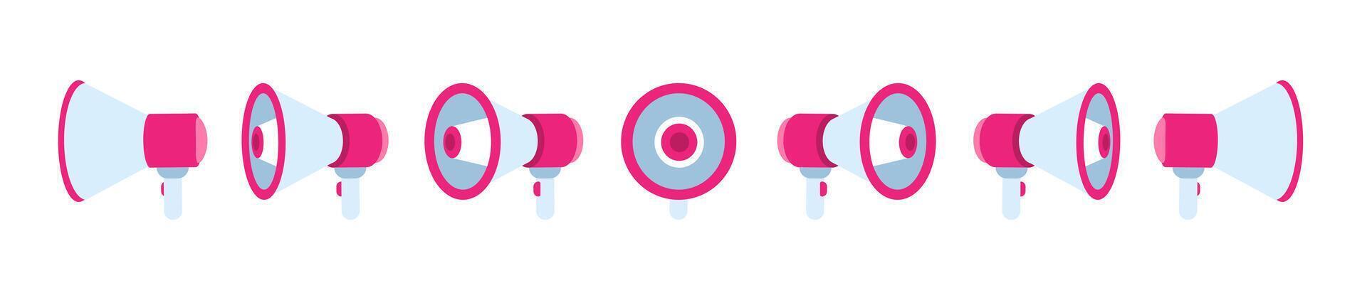 Megaphone front, side icons. Different angles, white and red flat. vector