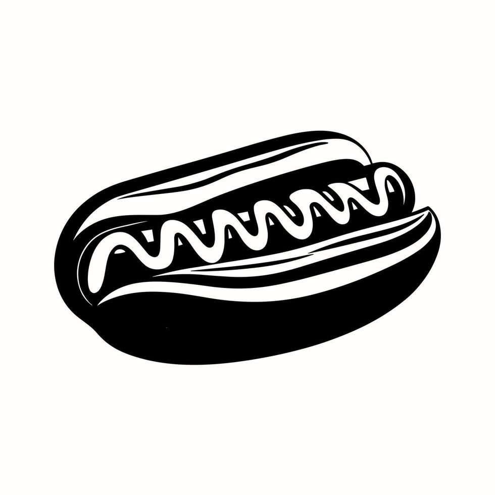 Silhouette hot dog sausage with mustard in bun. Fast food symbol isolated on white background. illustration vector