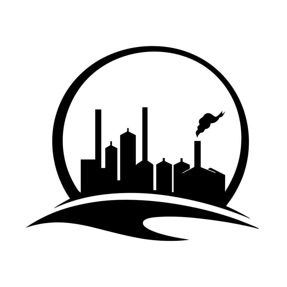 Black silhouette factory icon on white background. Abstract city logo template design. illustration vector