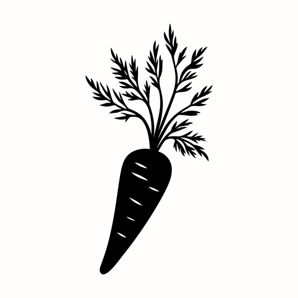Black silhouette carrot icon on white background. Carrot with stalks, tops and leaves drawing in doodle style vector