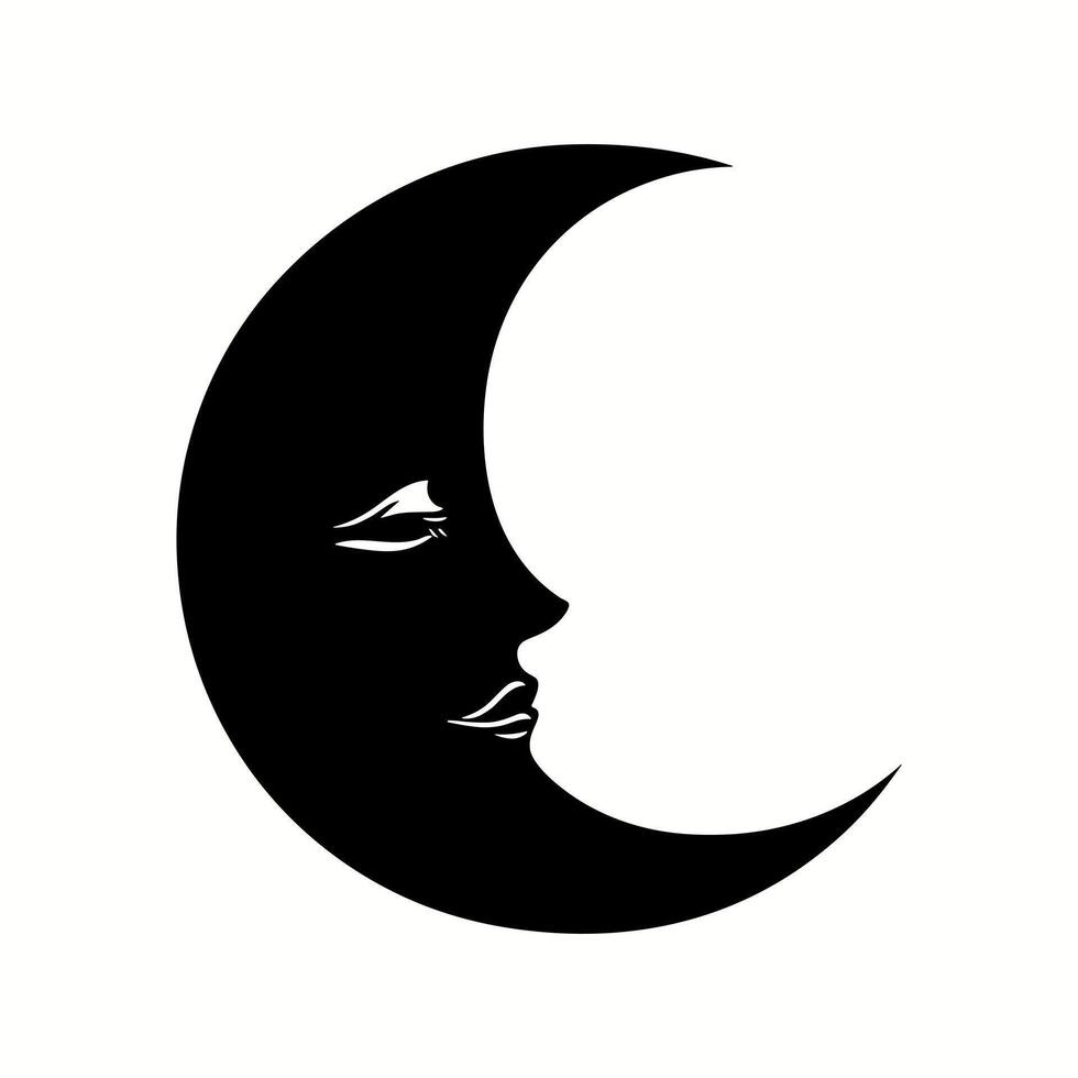 Black crescent face icon isolated on white background. Silhouette moon with woman face. Esoteric logo design, boho chic print vector