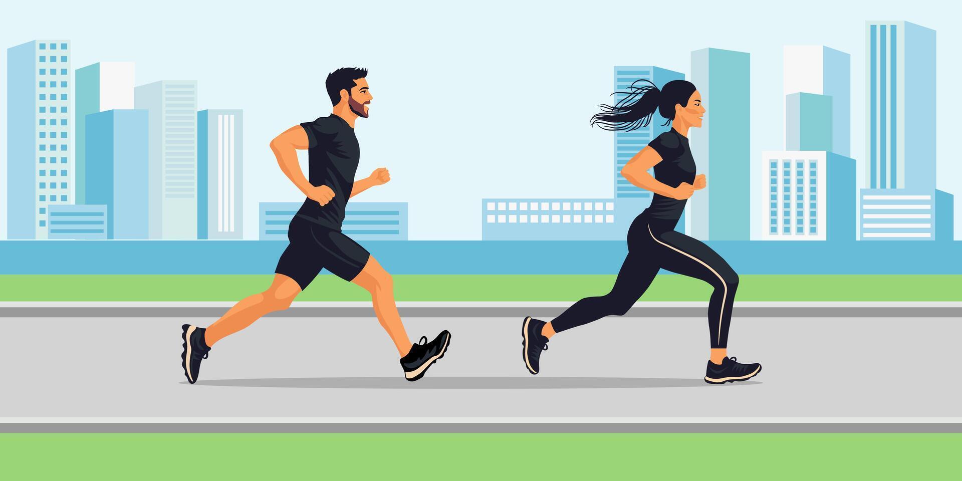People are running marathon against the background of the city. vector