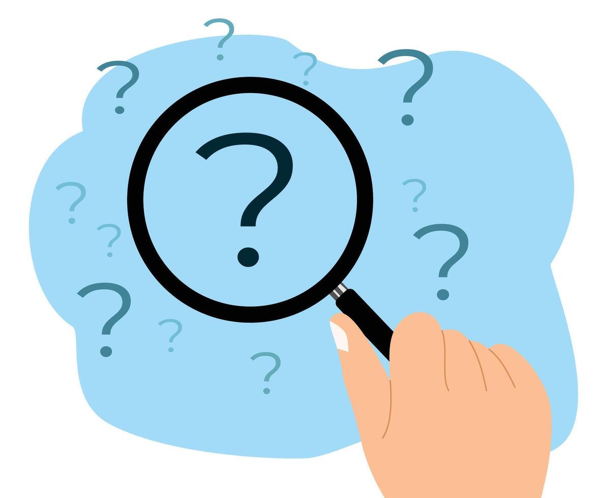 A hand holding a magnifying glass over a large question mark surrounded by smaller ones. Question mark and root cause analysis concept. Problem solving concept vector