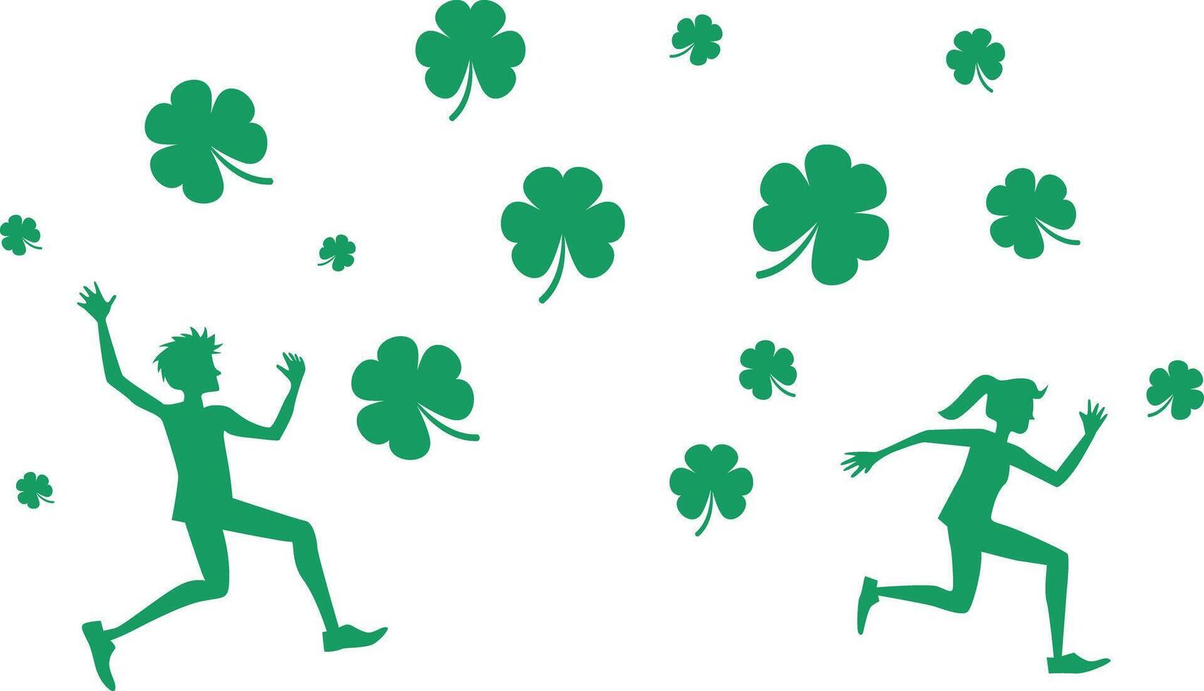 Happy and joyful young people running among flying clover leaves. St Patrick's day celebration. vector