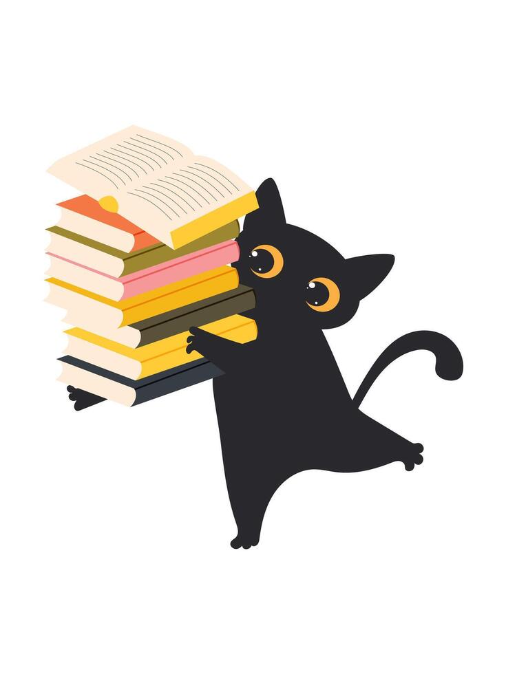 A cute cat holding a stack of different books in his paws. vector