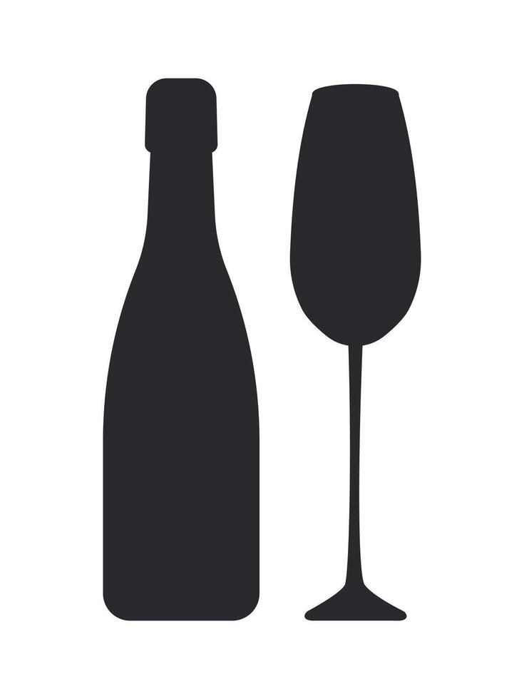 Wine bottle template with glass in black silhouette isolated on white background. vector