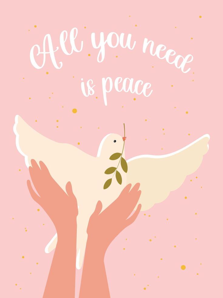 Pink poster with white dove in hands of humanity with faith about peace. vector