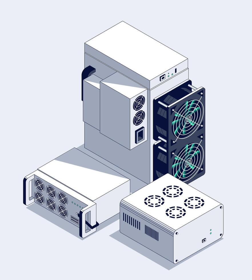 ASIC Mining Isometric illustration. Bitcoin Miner. Cryptocurrency mining equipment and hardware. Blockchain Mining farm vector
