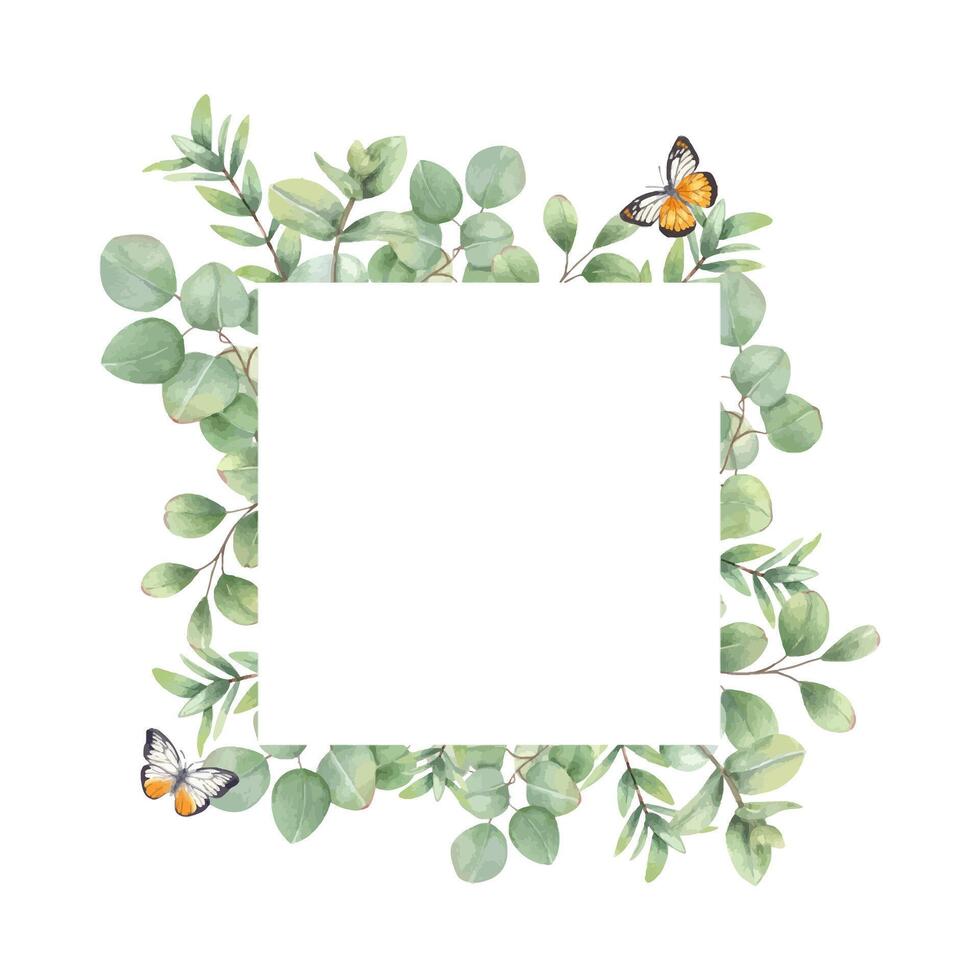 Eucalyptus branches and flying orange butterflies frame isolated background. Green leaves, delicate insect square border with empty space for text. Spring illustration for beauty product design vector
