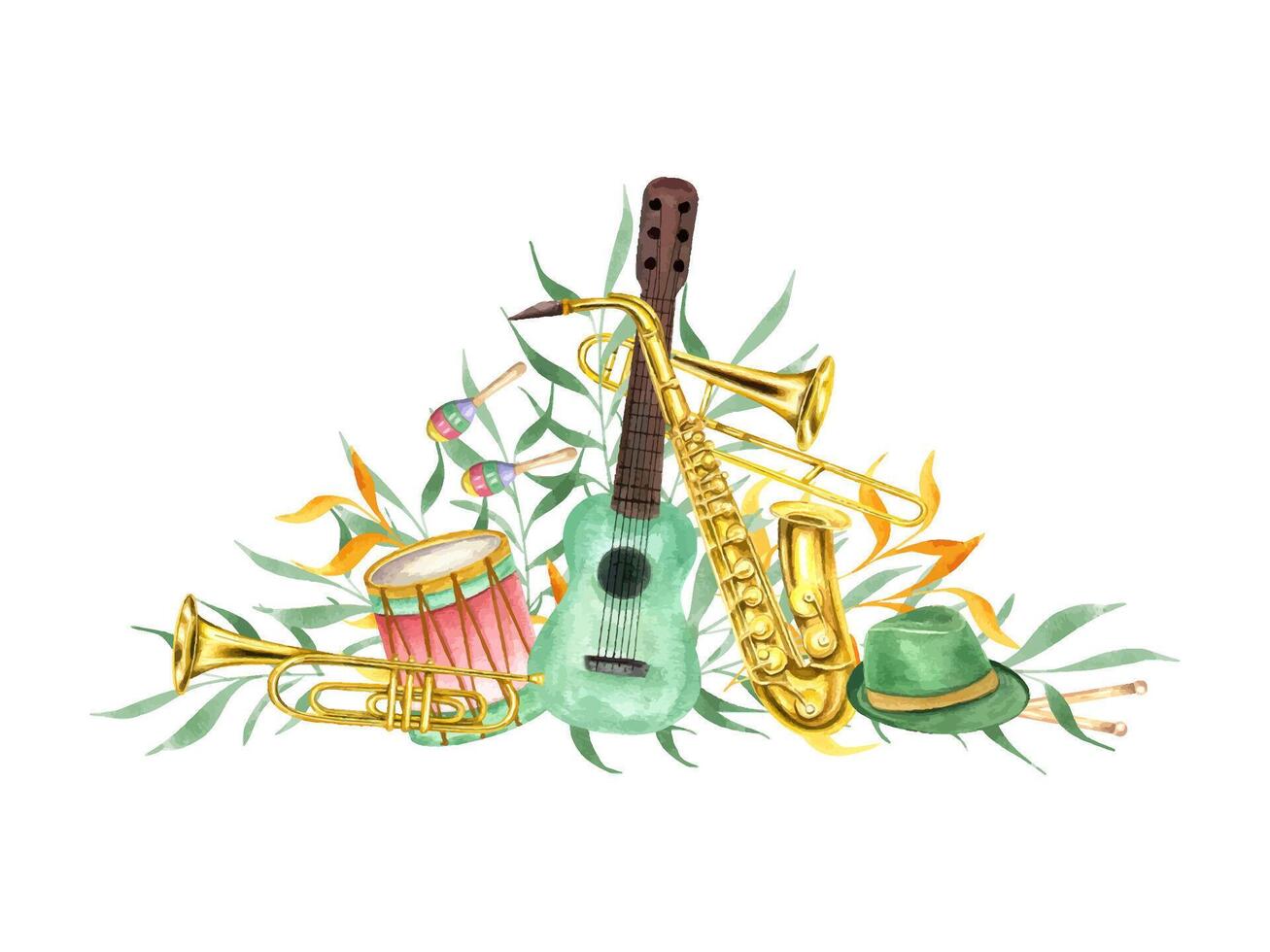 Watercolor six string guitar, saxophone, drum, green hats, maracas, trumpet, trombone and colorful naive leaf twigs illustration isolated background. Carnival musical instruments for holiday package vector