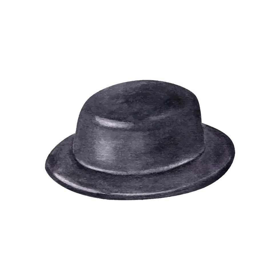 Black felt derby hat in realistic style watercolor illustration clip art. Festival Borsalino or fedora headwear for masquerade parade, circus poster, stylish event design vector