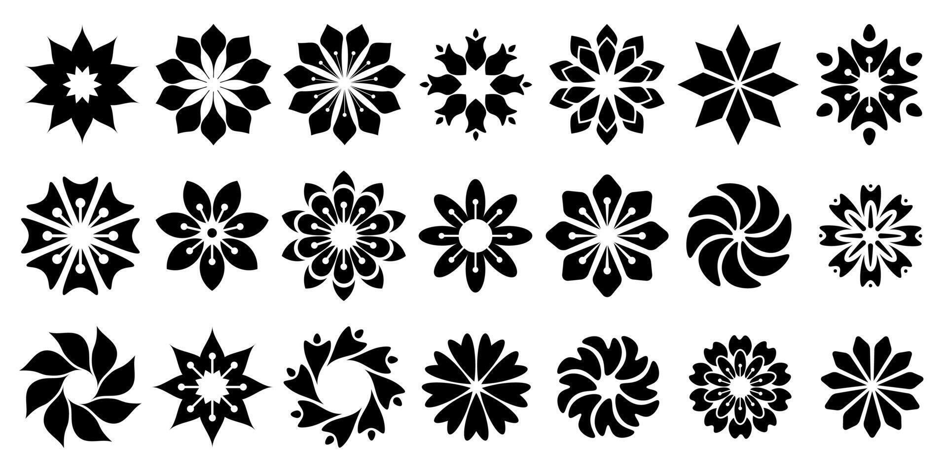 Black flower set features abstract floral design silhouettes and geometric patterns. vector