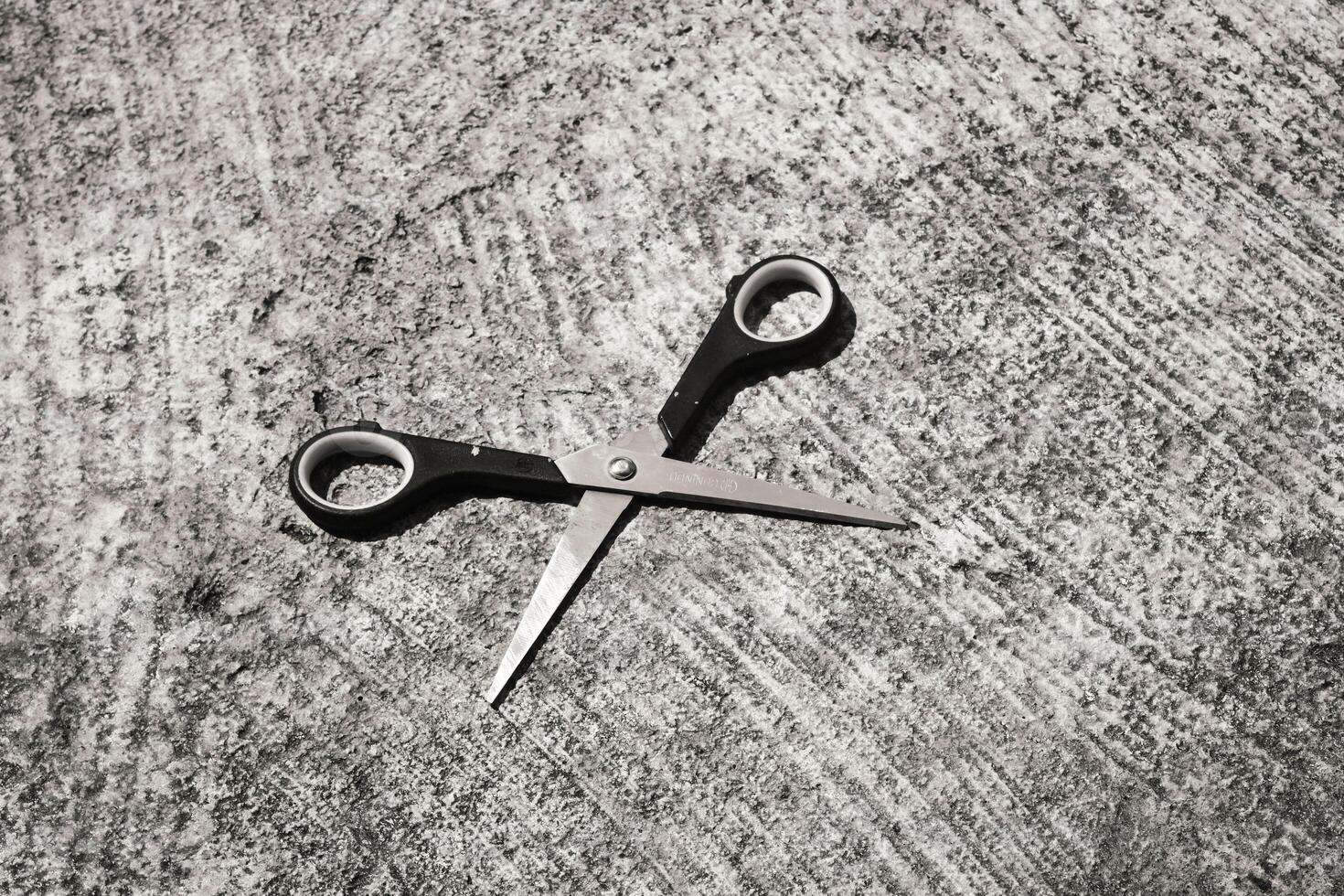 Mini scissors on cement floor. Monochrome of paper cutting tools. Unique office equipment. Negative space. Wallpaper. Backgrounds. Isolated Objects Photography concepts photo