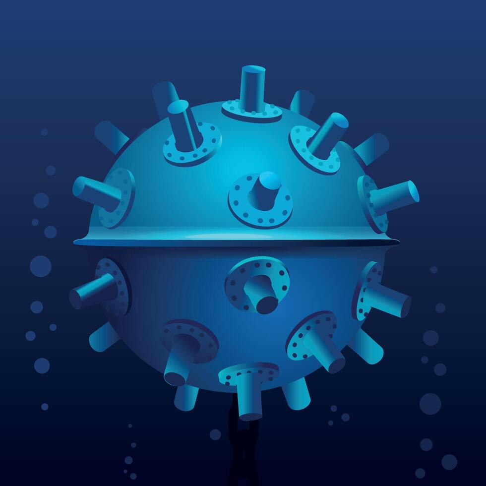 Underwater naval mine with metallic spikes, floating in the deep blue ocean. A symbol of maritime warfare, danger, and military defense. Ideal for naval, war history, and strategic-themed projects vector