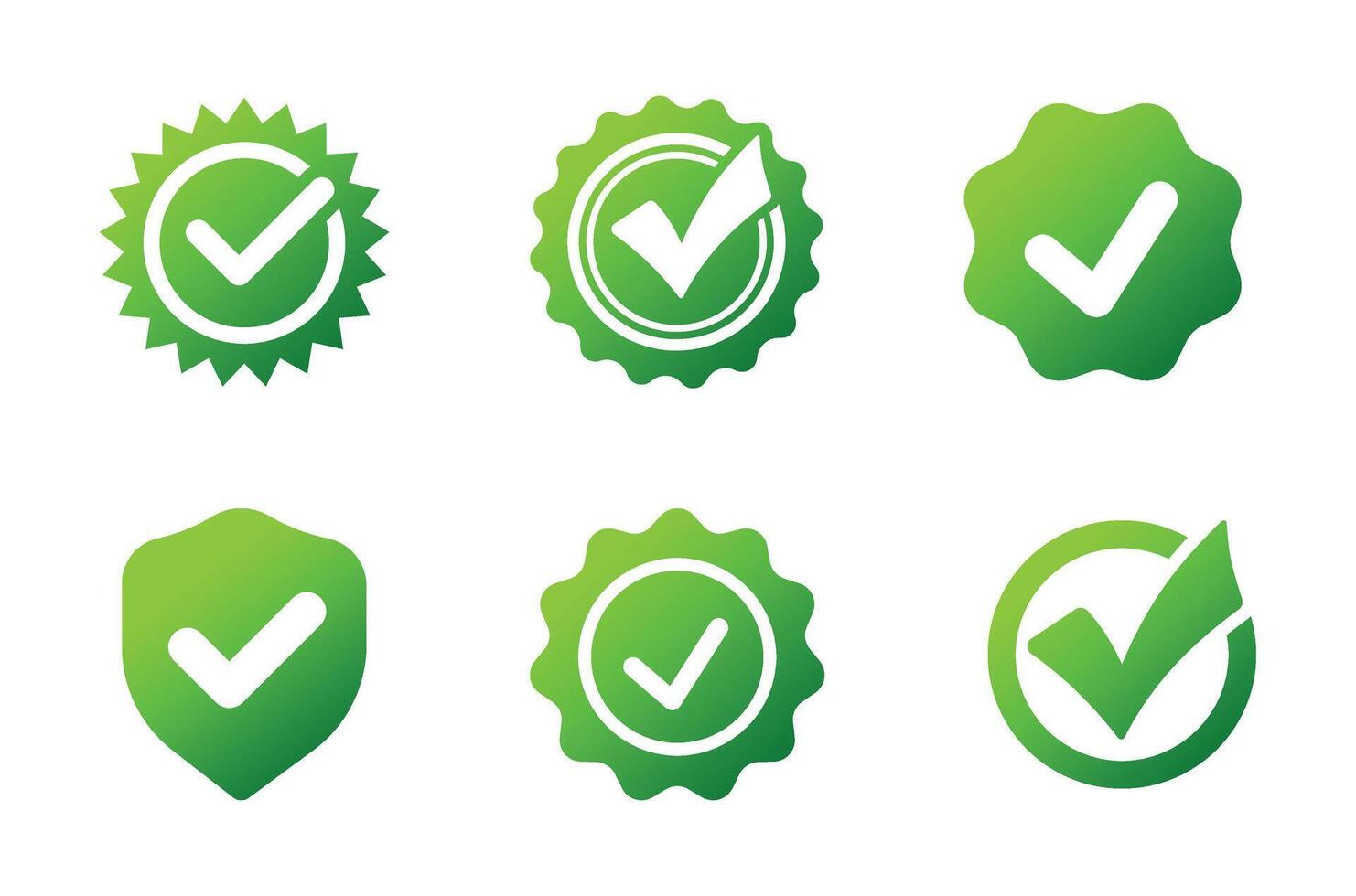 Set of green verification icons including checkmarks, shields, and badges, symbolizing approval, security, and quality assurance. Perfect for UI, branding, certification, and trust-based designs vector