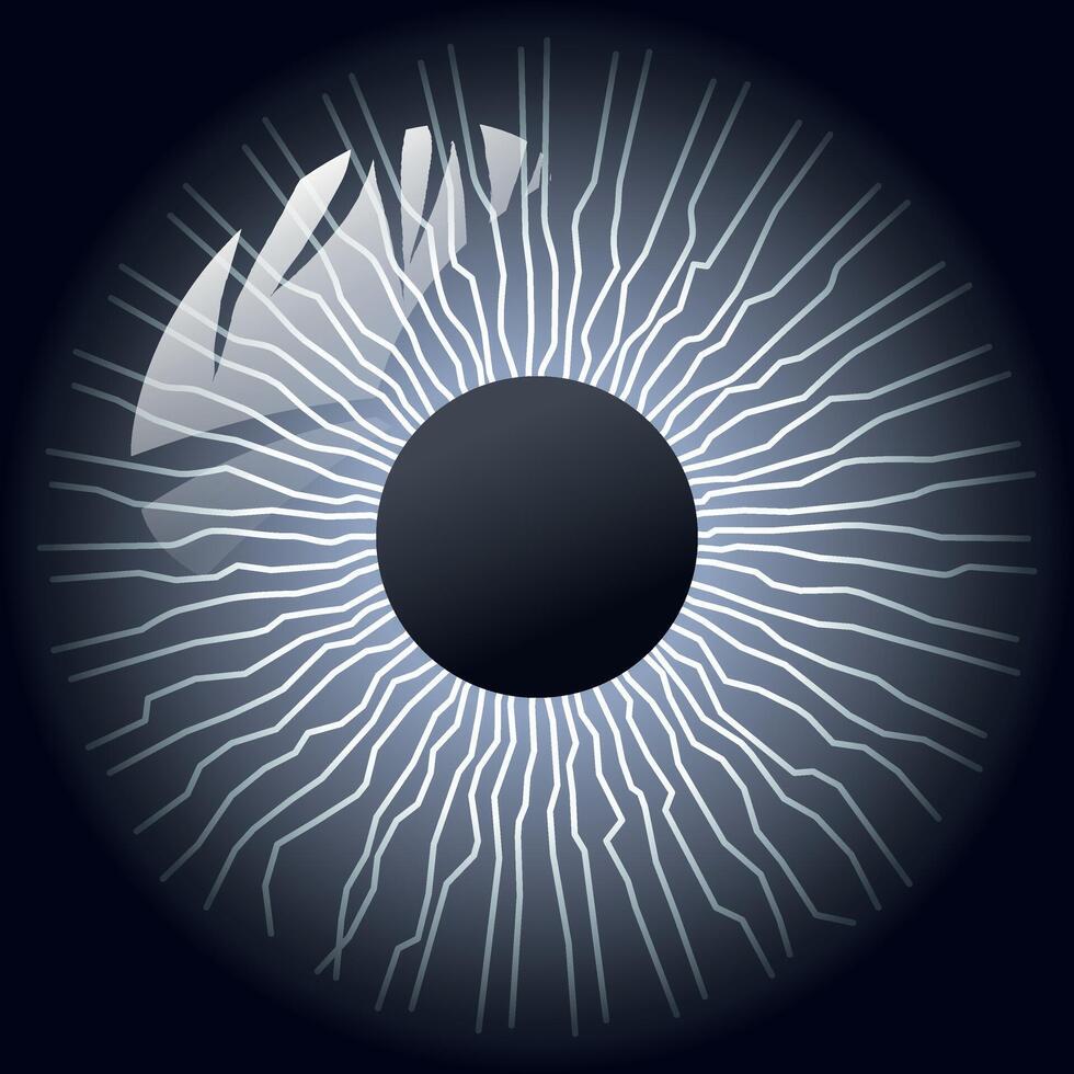 Realistic human eye iris with intricate electric blue details and radial energy patterns, glowing in the dark. A futuristic, sci-fi inspired symbol of vision, perception, and artificial intelligence vector