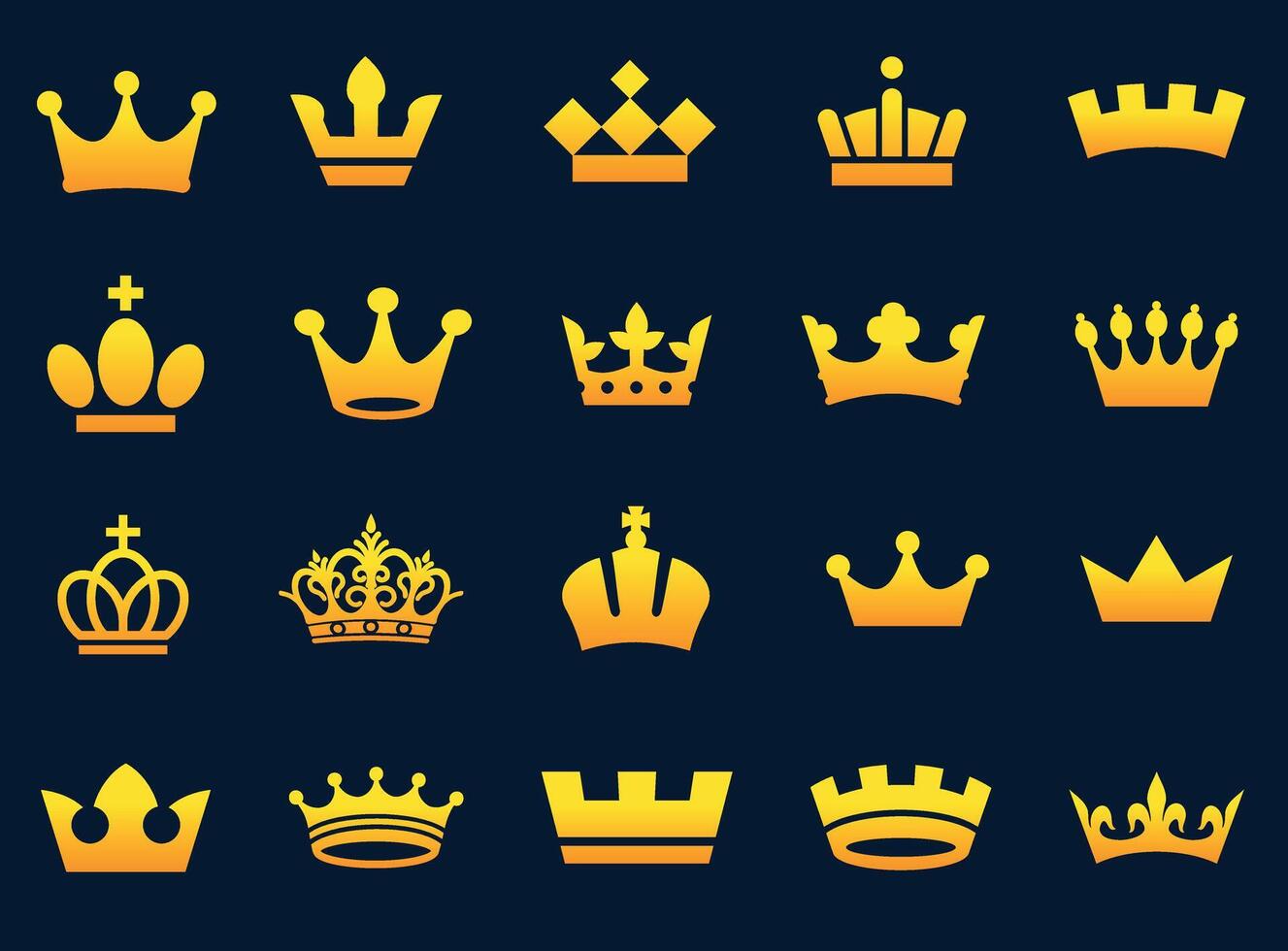 Collection of various golden crowns on a dark background, representing royalty, power, and prestige. A perfect set for heraldry, logos, and luxury branding vector