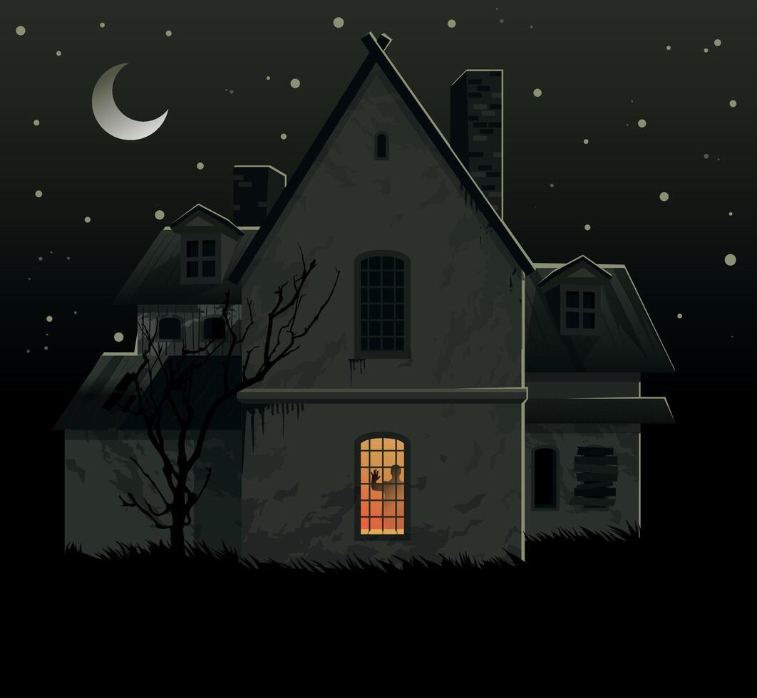 Mysterious haunted house at night with a glowing window, surrounded by leafless trees and a starry sky. Perfect for horror, Halloween, and gothic-themed projects vector