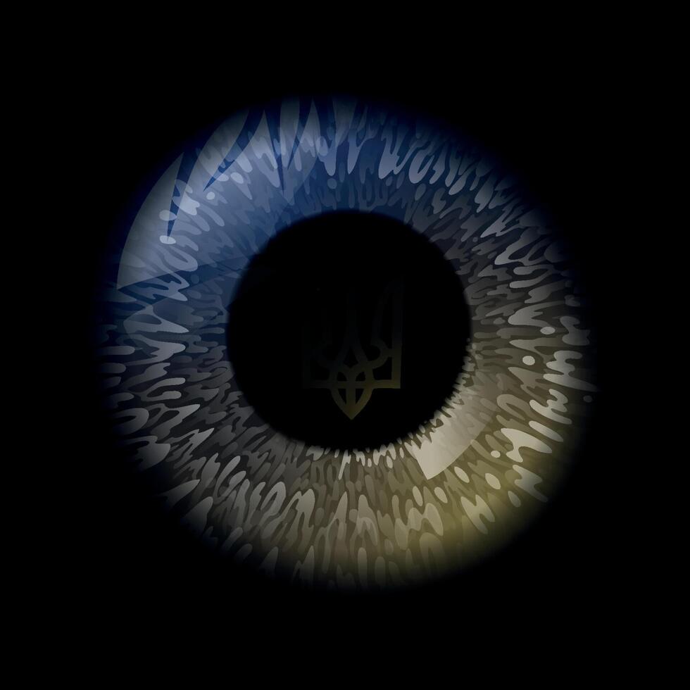 Dark abstract eye with the Ukrainian trident symbol, surrounded by a sharp feather-like texture, symbolizing vision, national identity, and resilience vector