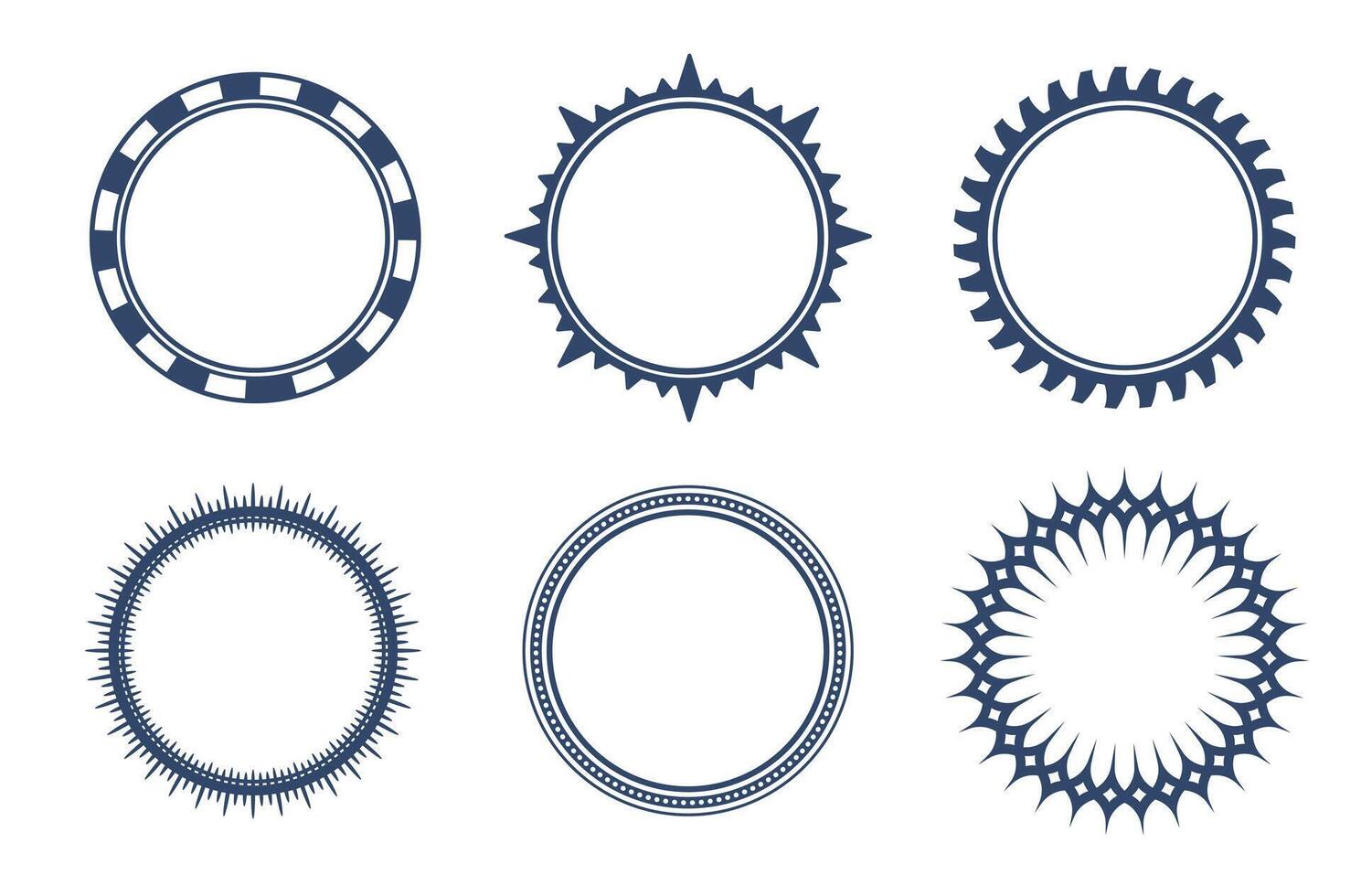 Set of circular decorative frames in different styles, including casino chip, sharp sunburst, and minimalist dotted designs. Perfect for labels, certificates, and design elements vector