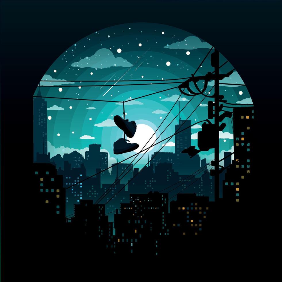 Silhouette of hanging sneakers on power lines against a dreamy urban nightscape, symbolizing street culture, nostalgia, urban storytelling. A powerful representation of city life and hidden meanings vector