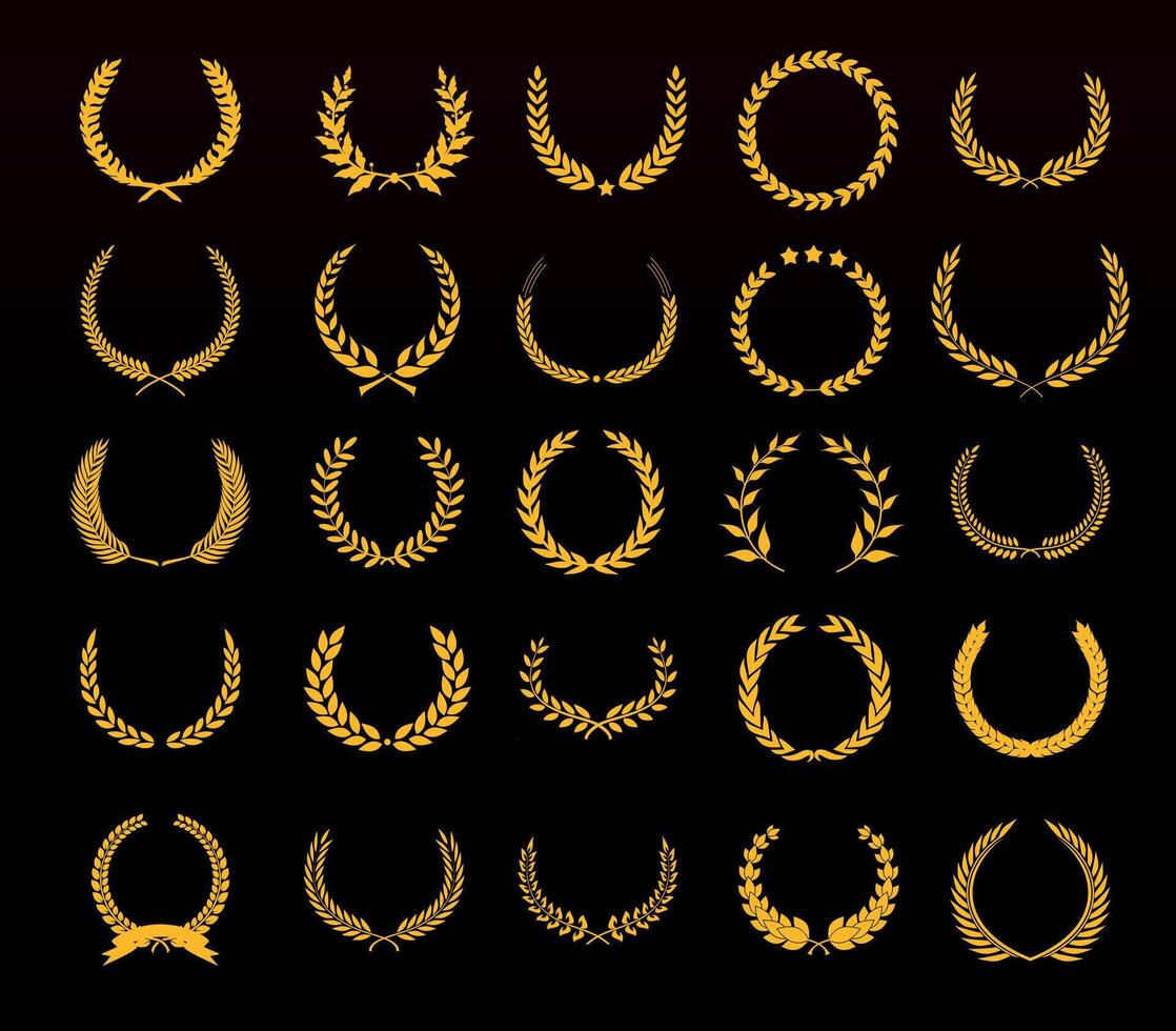 Collection of golden laurel wreaths in various styles, representing victory, honor, and prestige vector