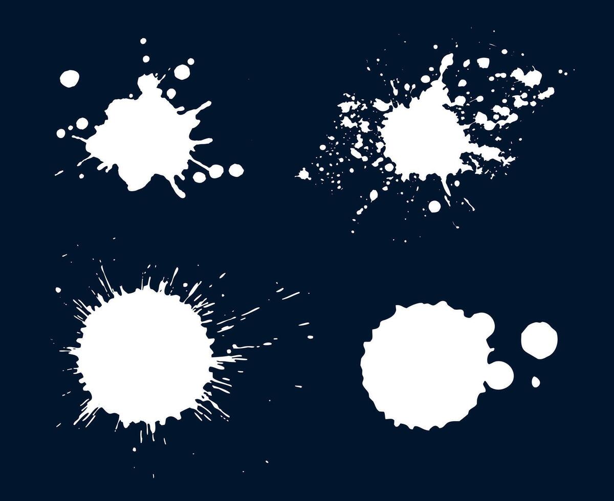 Set of abstract white ink splatters and paint drops on a dark background, ideal for grunge, artistic, and creative designs vector