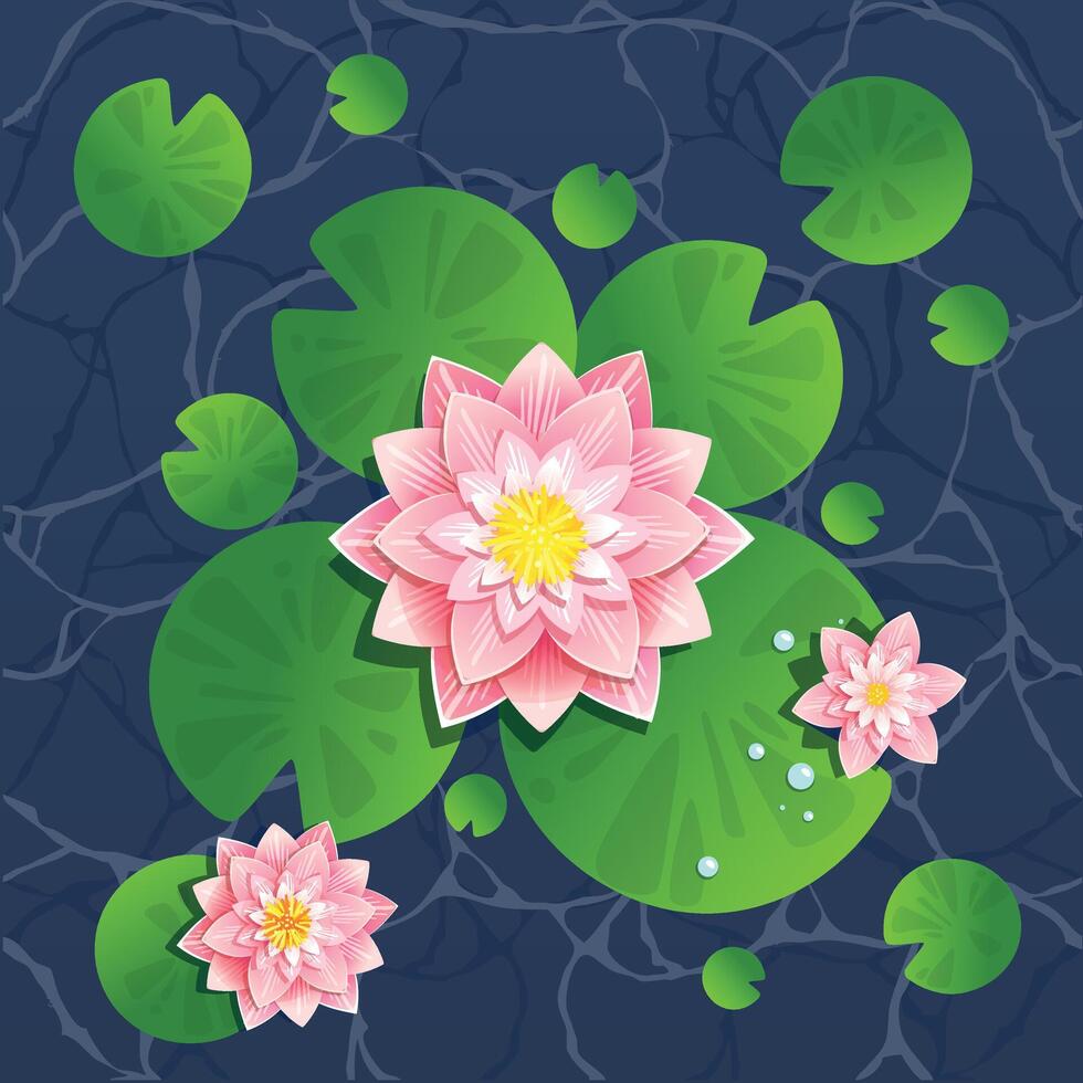 Lotus flowers floating on a calm pond, surrounded by green lily pads. Symbolizing peace, purity, and spiritual awakening. Perfect for relaxation and nature-themed designs vector
