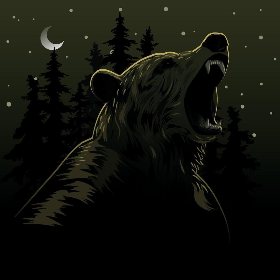 Majestic roaring bear under the moonlit forest night sky, symbolizing strength, wilderness, and primal power. Perfect for wildlife, adventure, and nature-based themes vector