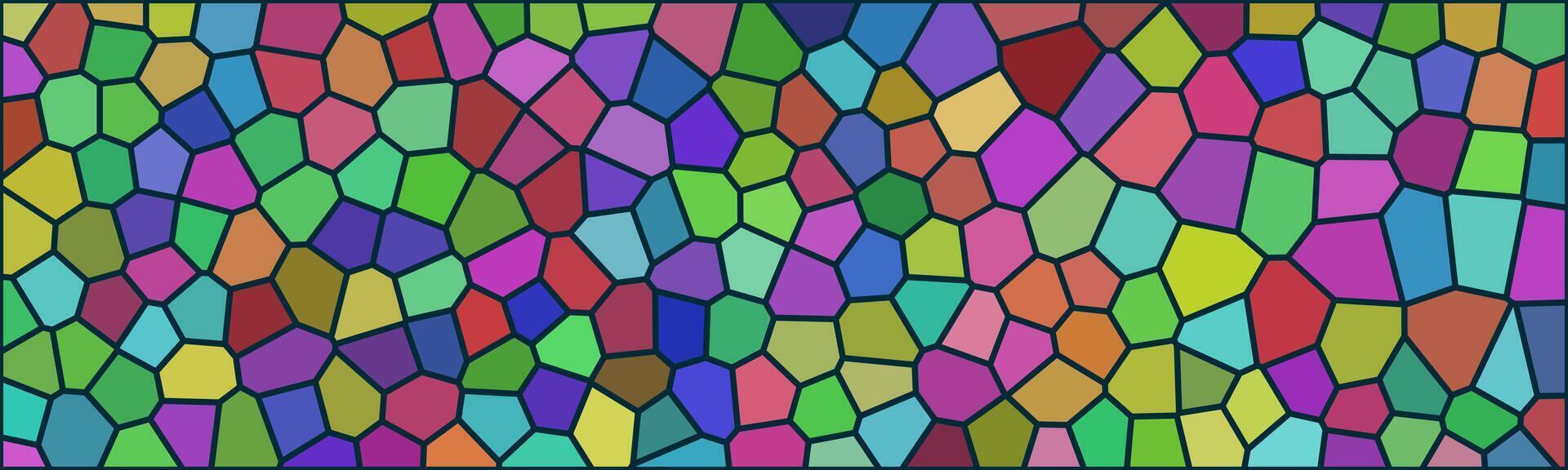 A vibrant, abstract mosaic with irregular polygonal shapes in various colors, resembling stained glass. The bold black outlines separate each colorful segment, creating a dynamic, artistic pattern. vector