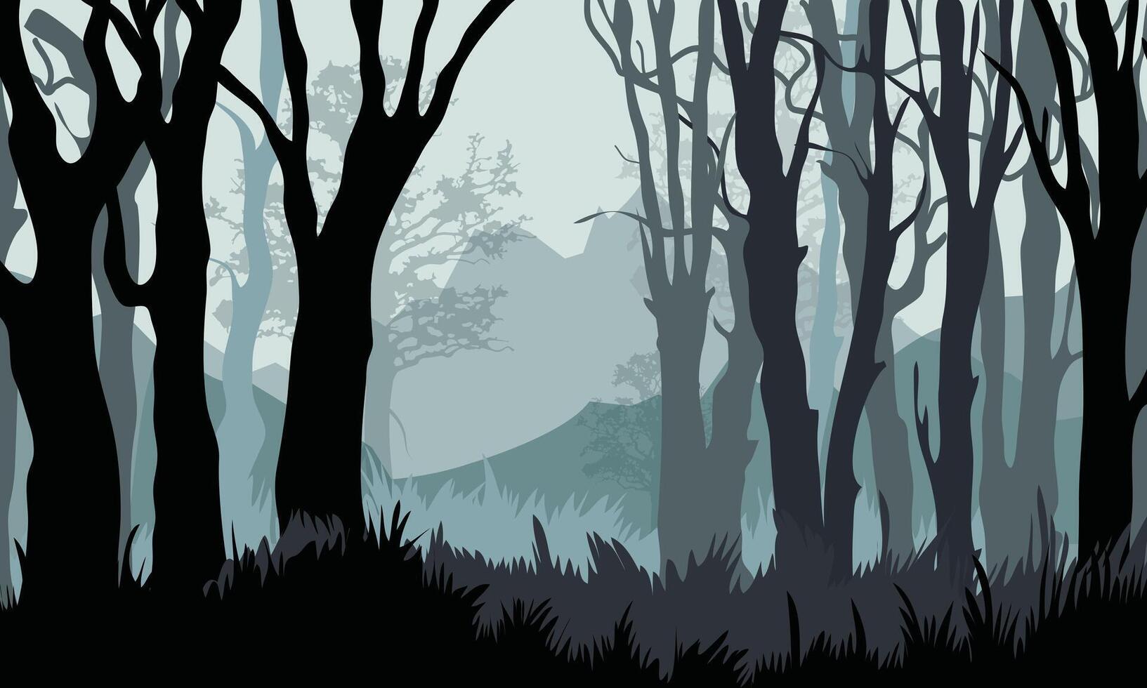 a dark mystical forest with silhouetted trees and foggy mountain layers in the background vector