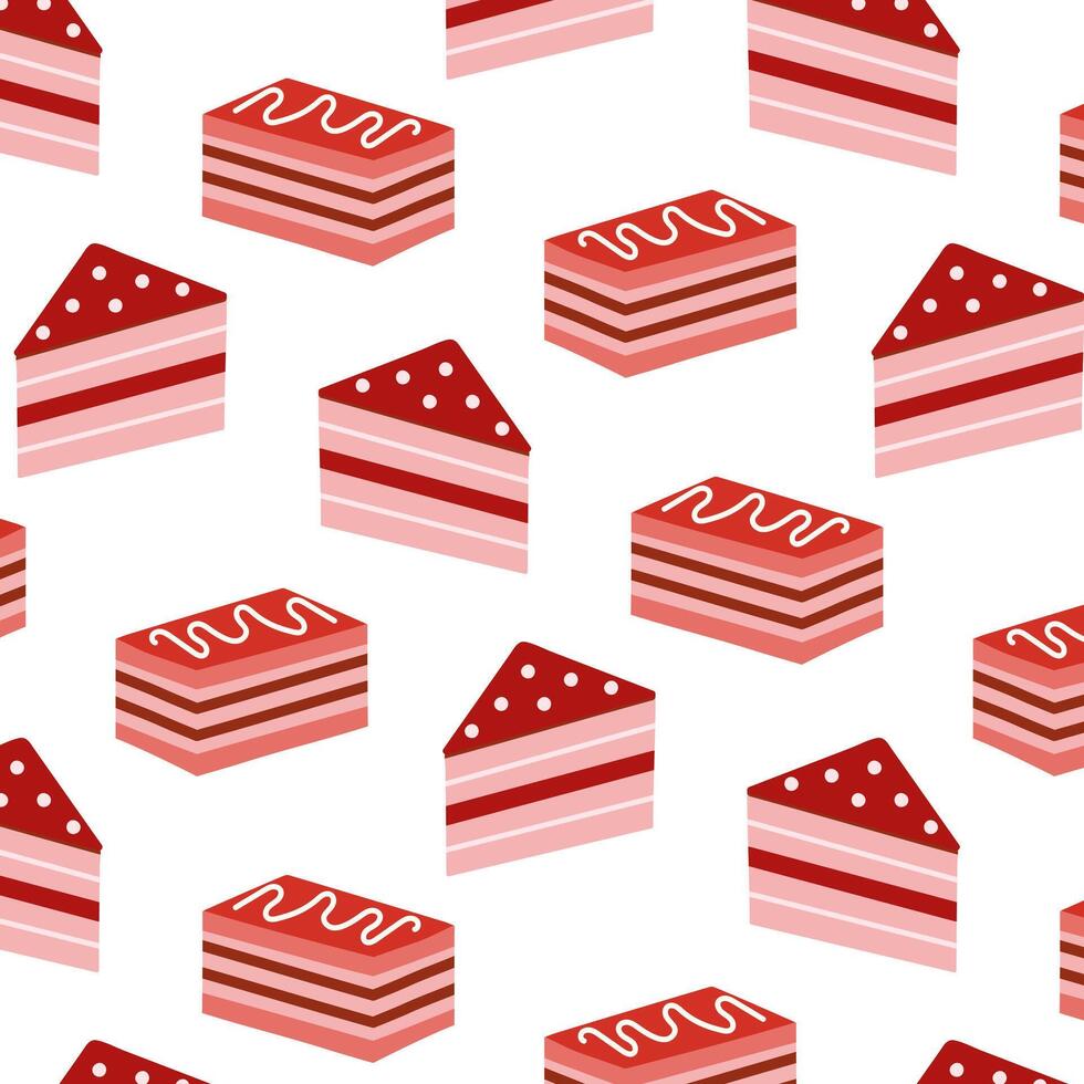 Seamless pattern with layered cake slices in red and pink tones on a white background. Sweet dessert illustration with icing details, ideal for bakery-themed designs and packaging. vector