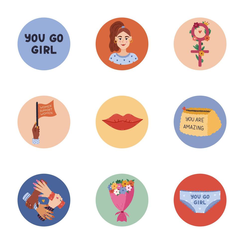 Lovely cartoon round highlight icon with feminist and Girl Power clipart for different social media, blogs, business, branding. Cover stories icons with women portrait, gender symbol in warm colors. vector