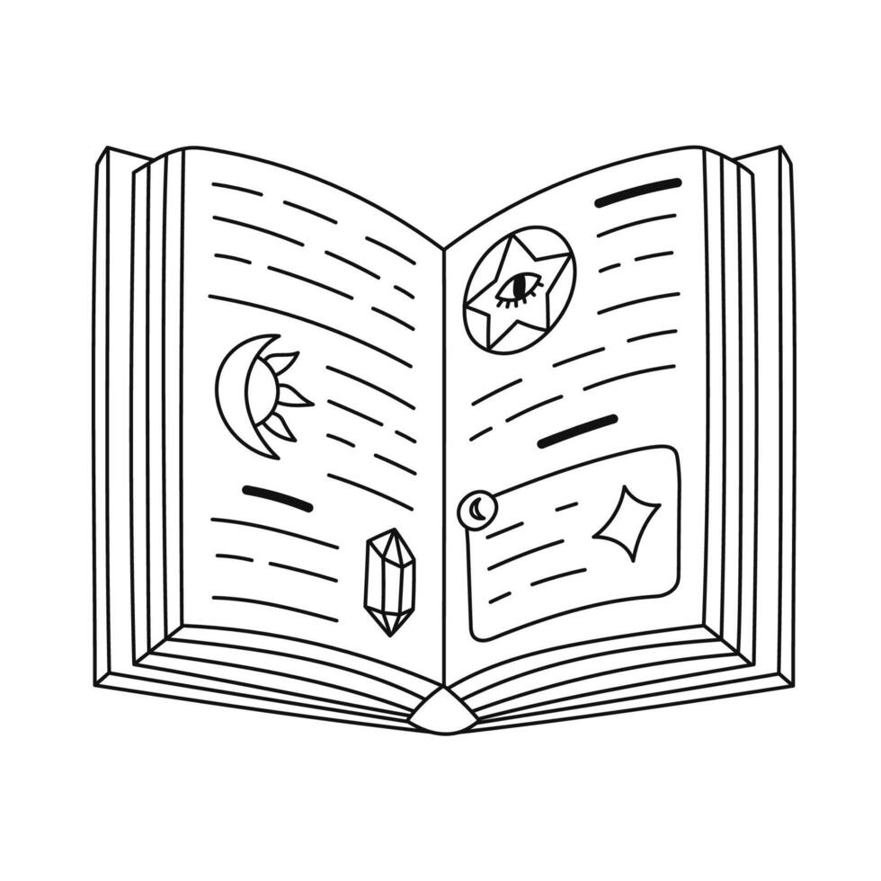 Lovely doodle open wizard spell book with mysterious text on pages and esoteric symbols of crystal, sun with crescent, star. Hand drawn line antique magical manuscript isolated on background. vector
