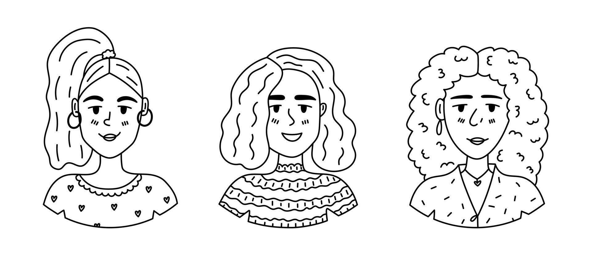 Lovely line doodle set with happy smiling women with different hairstyle, clothes, jewelry. Cute hand drawn outline lady character portrait for social media avatar, International Womens Day poster vector