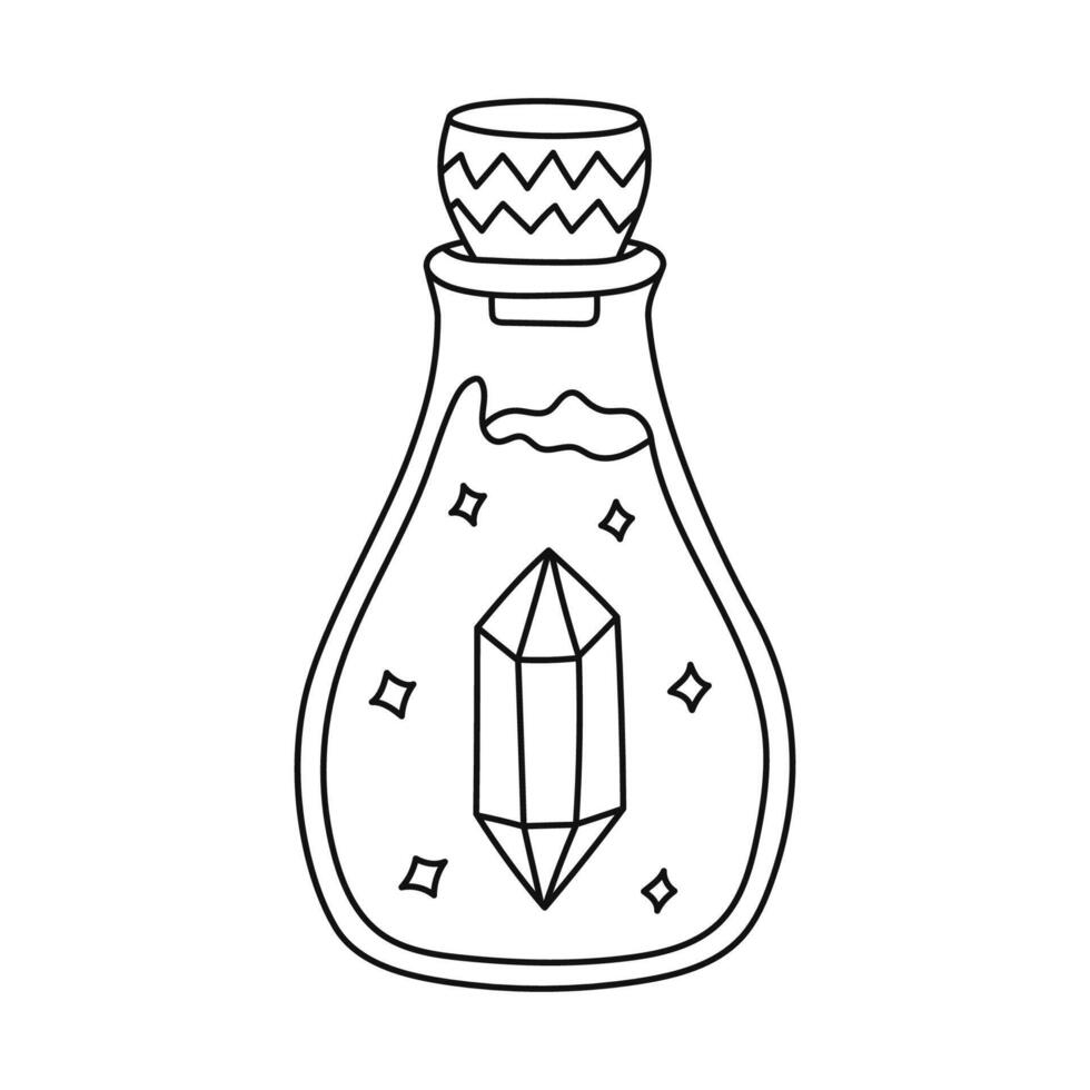 Lovely doodle magic potion in glass vial with gem crystal on label and liquid. Hand drawn outline magical esoteric elixir. Fantasy flask clipart as sign wizard, Halloween, mystery isolated on white. vector