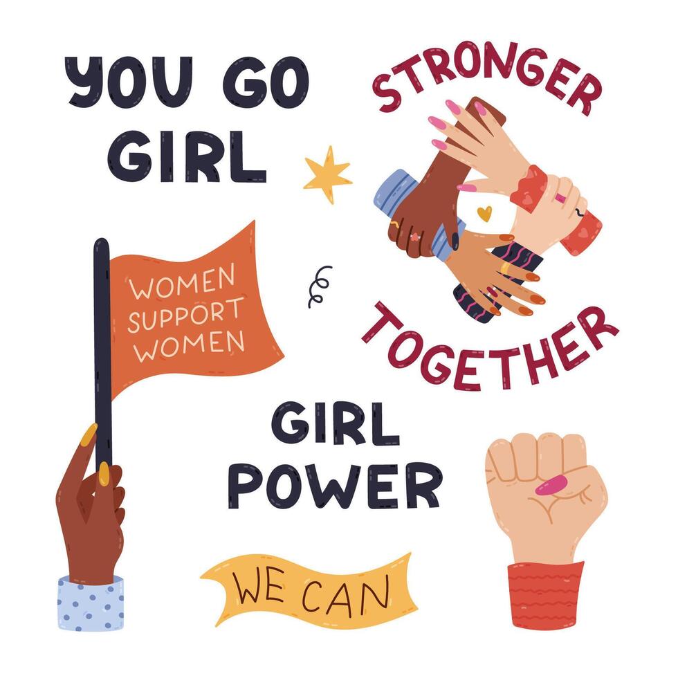 Lovely cartoon feminism badges with women arms in different poses and gender equality lettering. Cute hand drawn feminist slogans, multiracial, diversity and female movement concept isolated on white vector