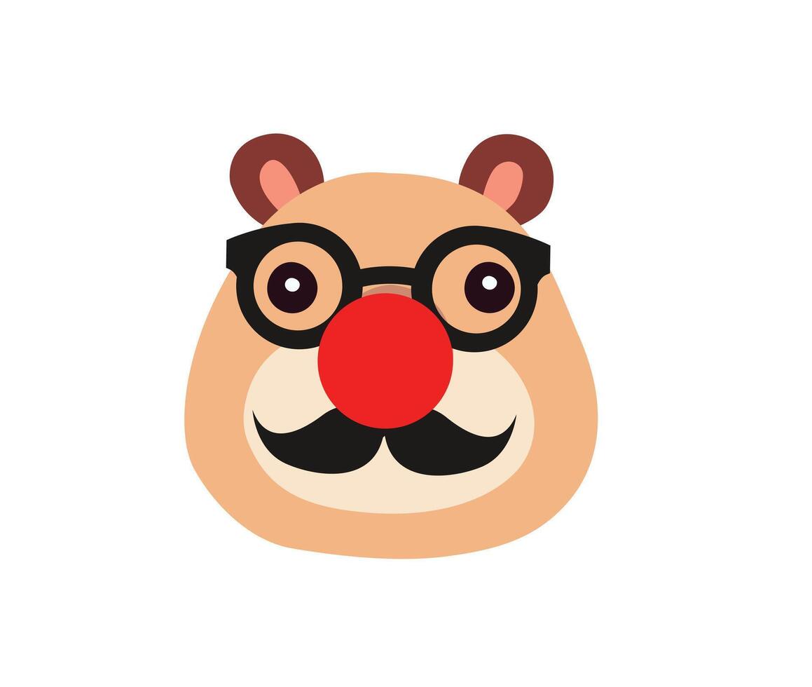 Adorable capybara face featuring glasses, a red clown nose, and a mustache, isolated on white, perfect for April Fools Day. vector