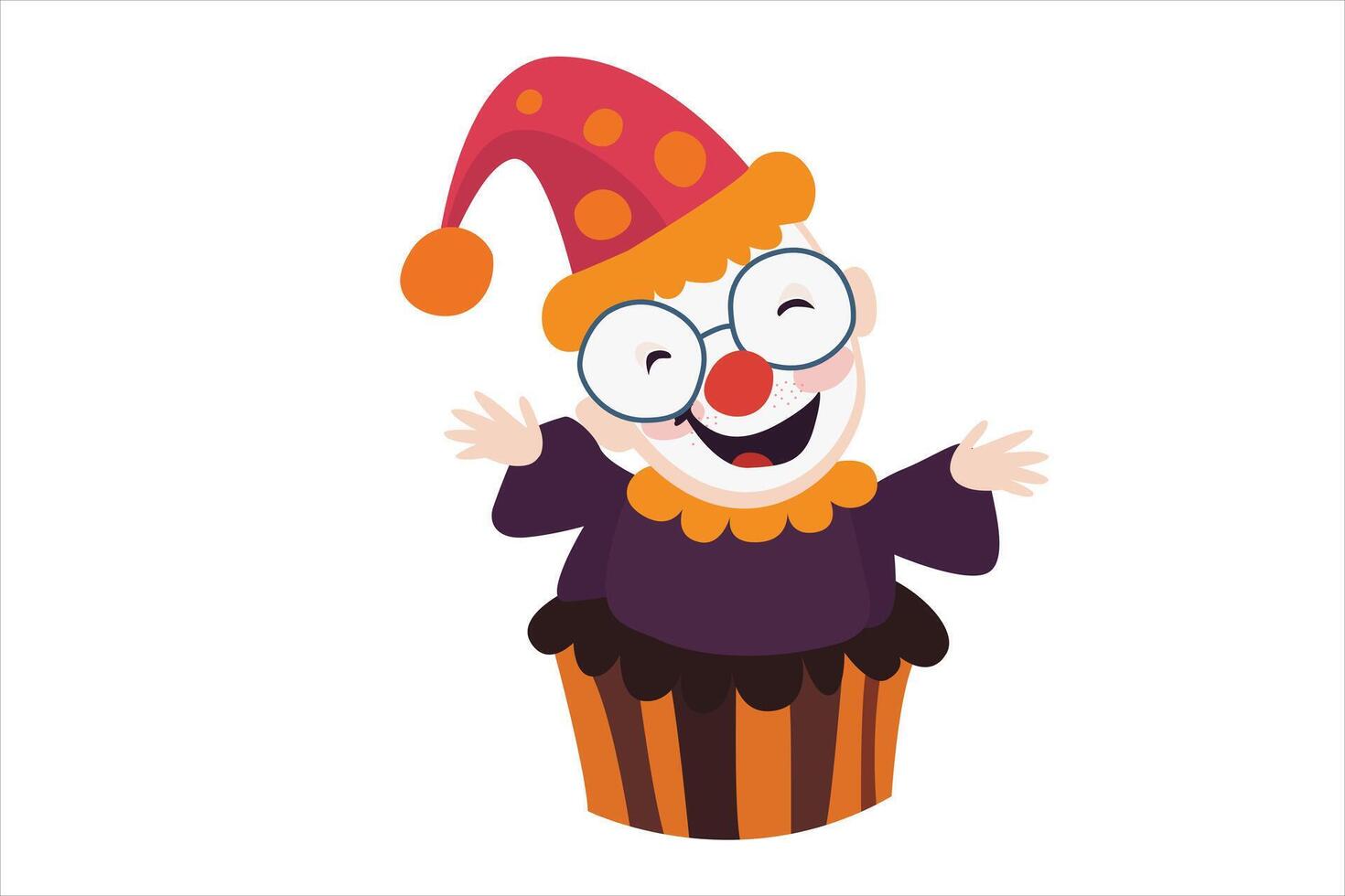 Cute orange-themed clown cupcake character with a festive hat and a red clown nose, perfect for April Fools celebrations. vector