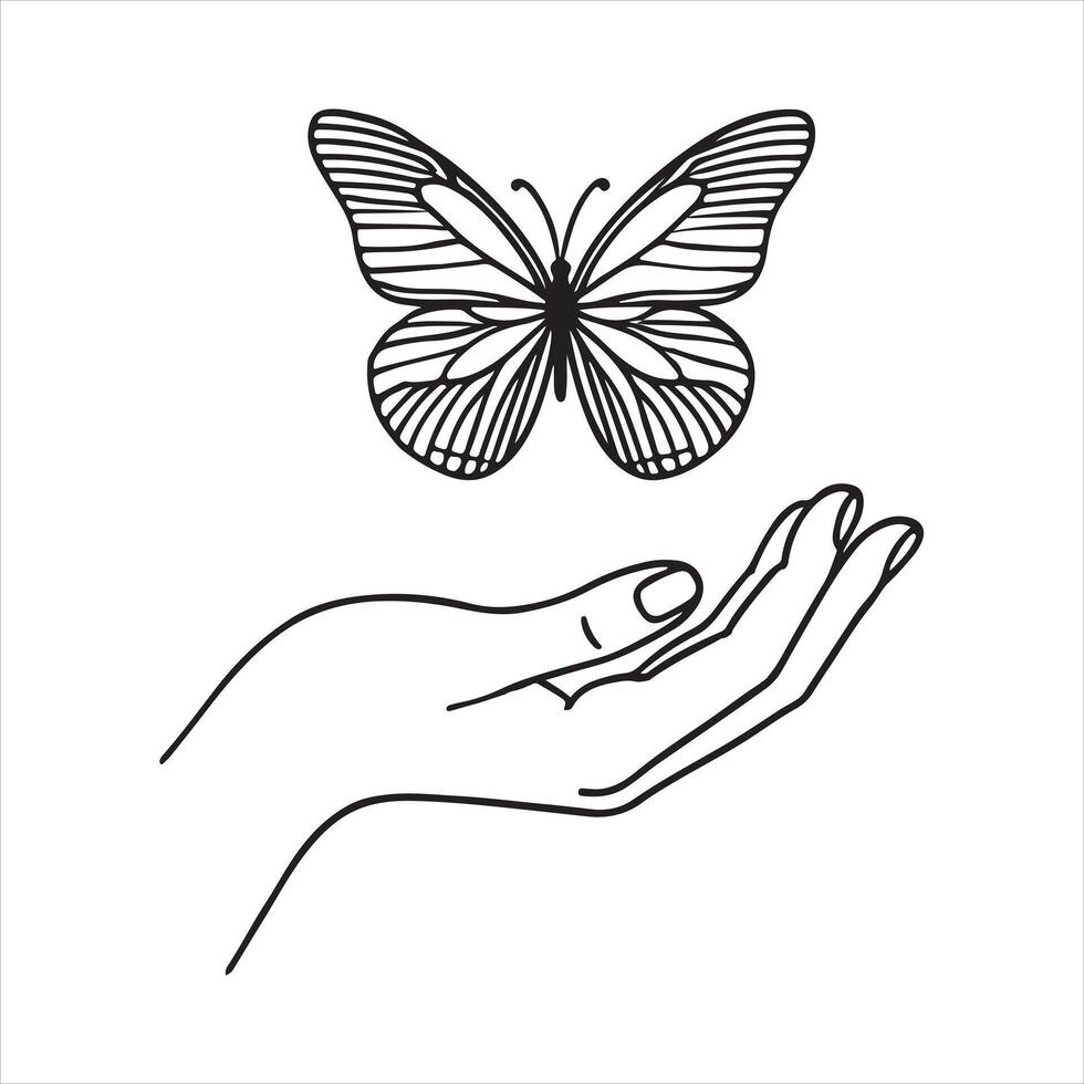 Continuous one line drawing of hand holding butterfly silhouette on white background vector