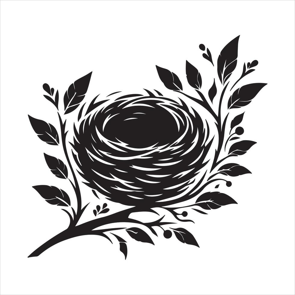 bird nest clip art black silhouette on white background vector